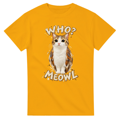 Gold t-shirt printed with Meowl and the words Who? Meowl, front view