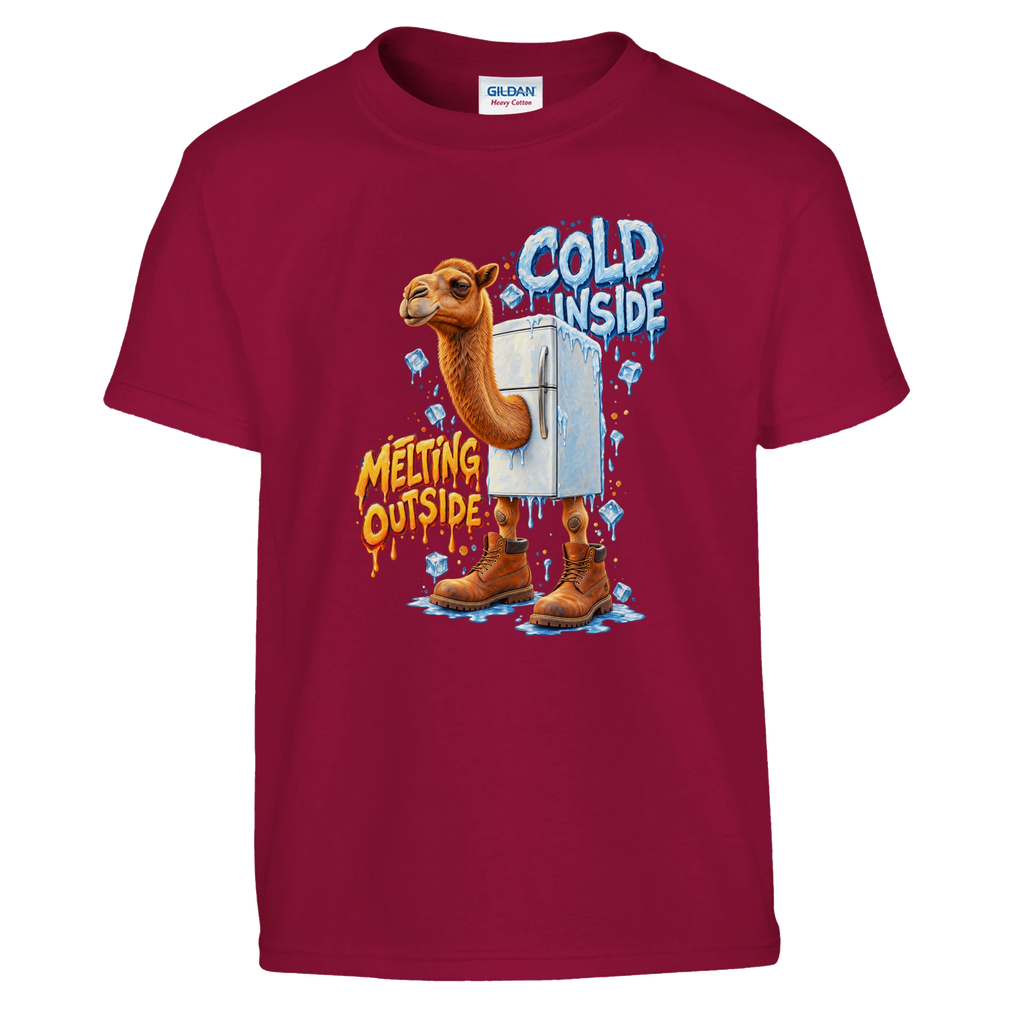 Frigo Camelo print on a cardinal red kids t-shirt, front view