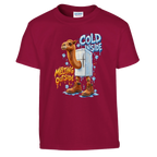 Frigo Camelo print on a cardinal red kids t-shirt, front view