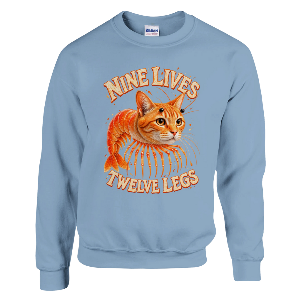 Trippi Troppi print on a light blue crewneck sweatshirt, front view