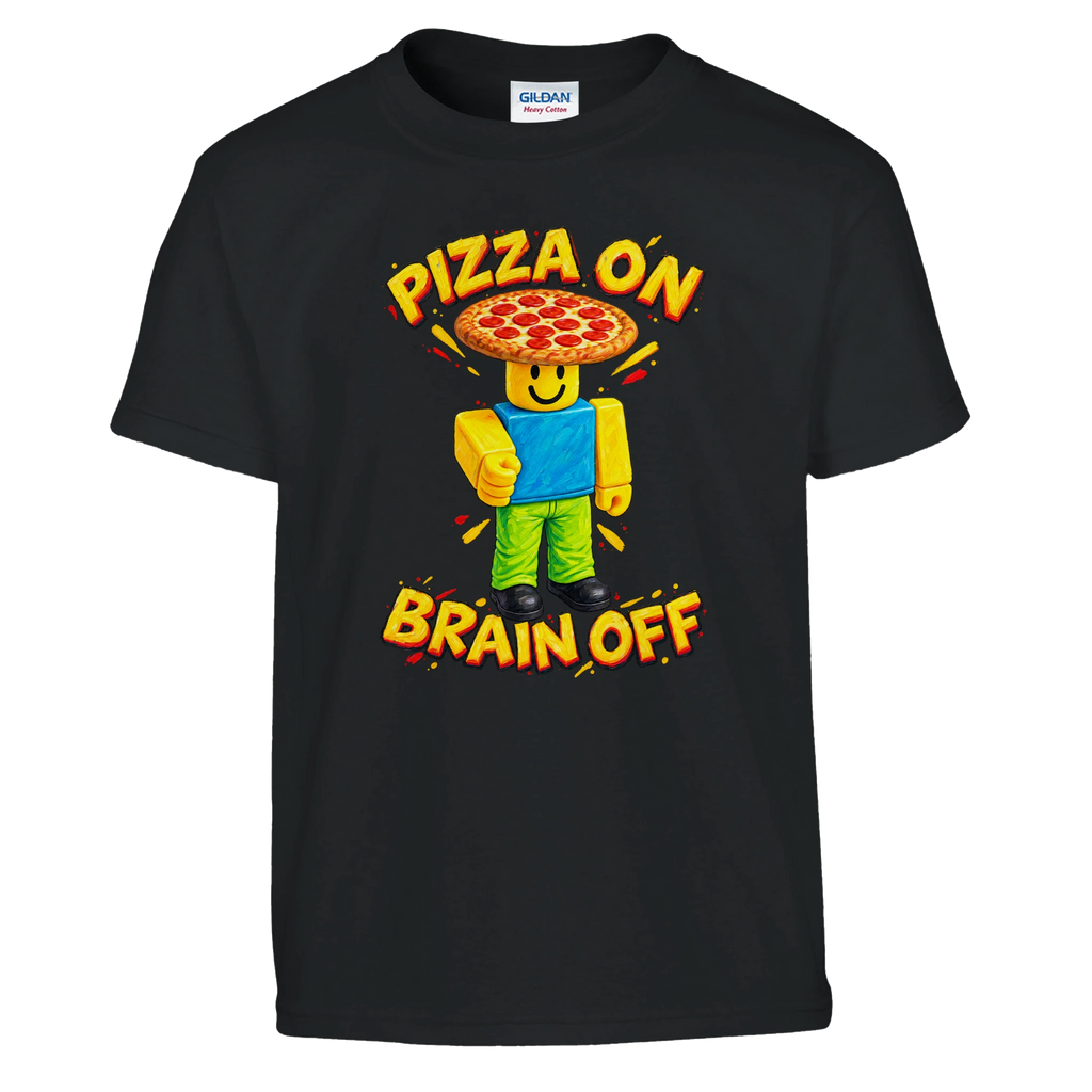 Noobini Pizzanini print on a black kids t-shirt, front view