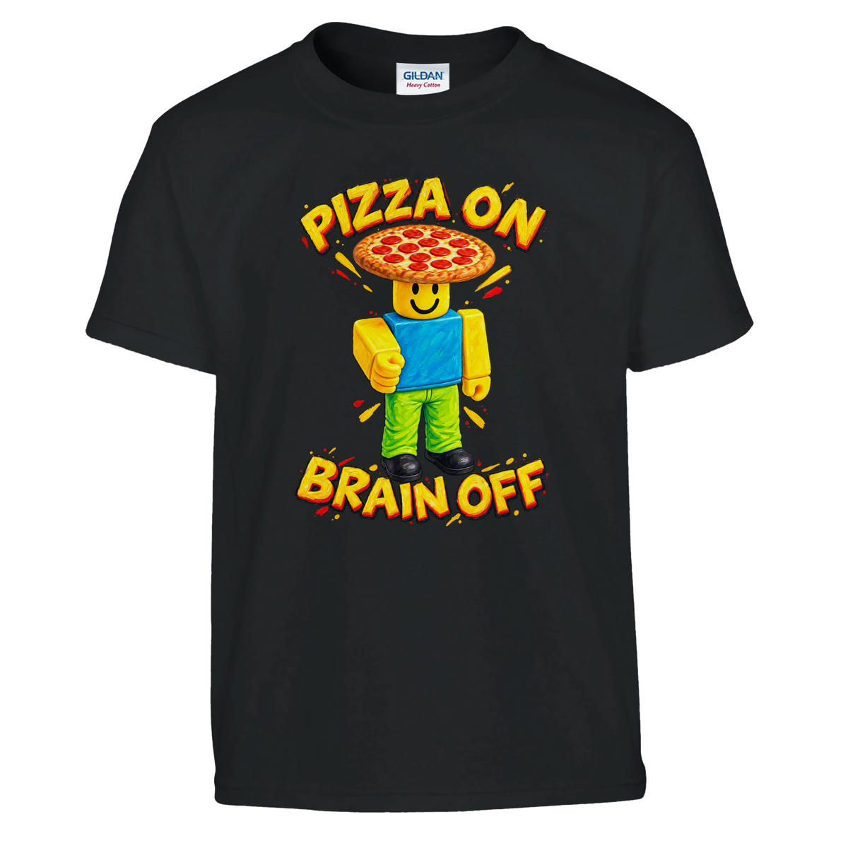 Noobini Pizzanini print on a black kids t-shirt, front view