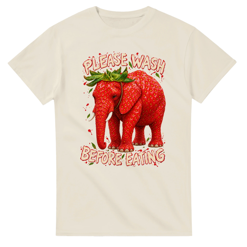 Natural t-shirt printed with Strawberry Elephant and the words Please wash before eating, front view