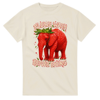 Natural t-shirt printed with Strawberry Elephant and the words Please wash before eating, front view