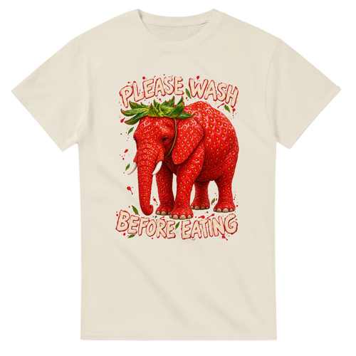 Natural t-shirt printed with Strawberry Elephant and the words Please wash before eating, front view