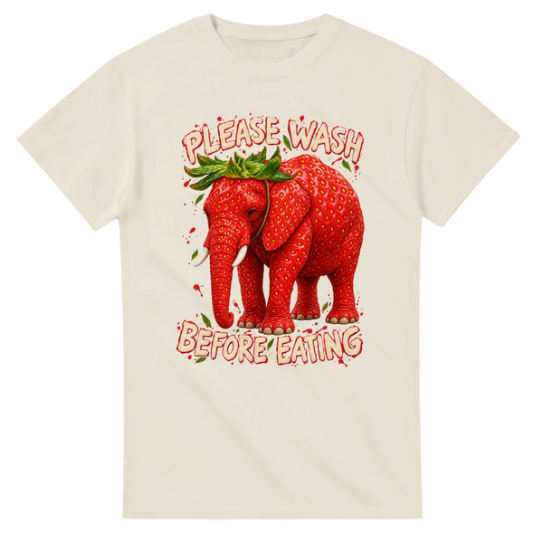 Natural t-shirt printed with Strawberry Elephant and the words Please wash before eating, front view