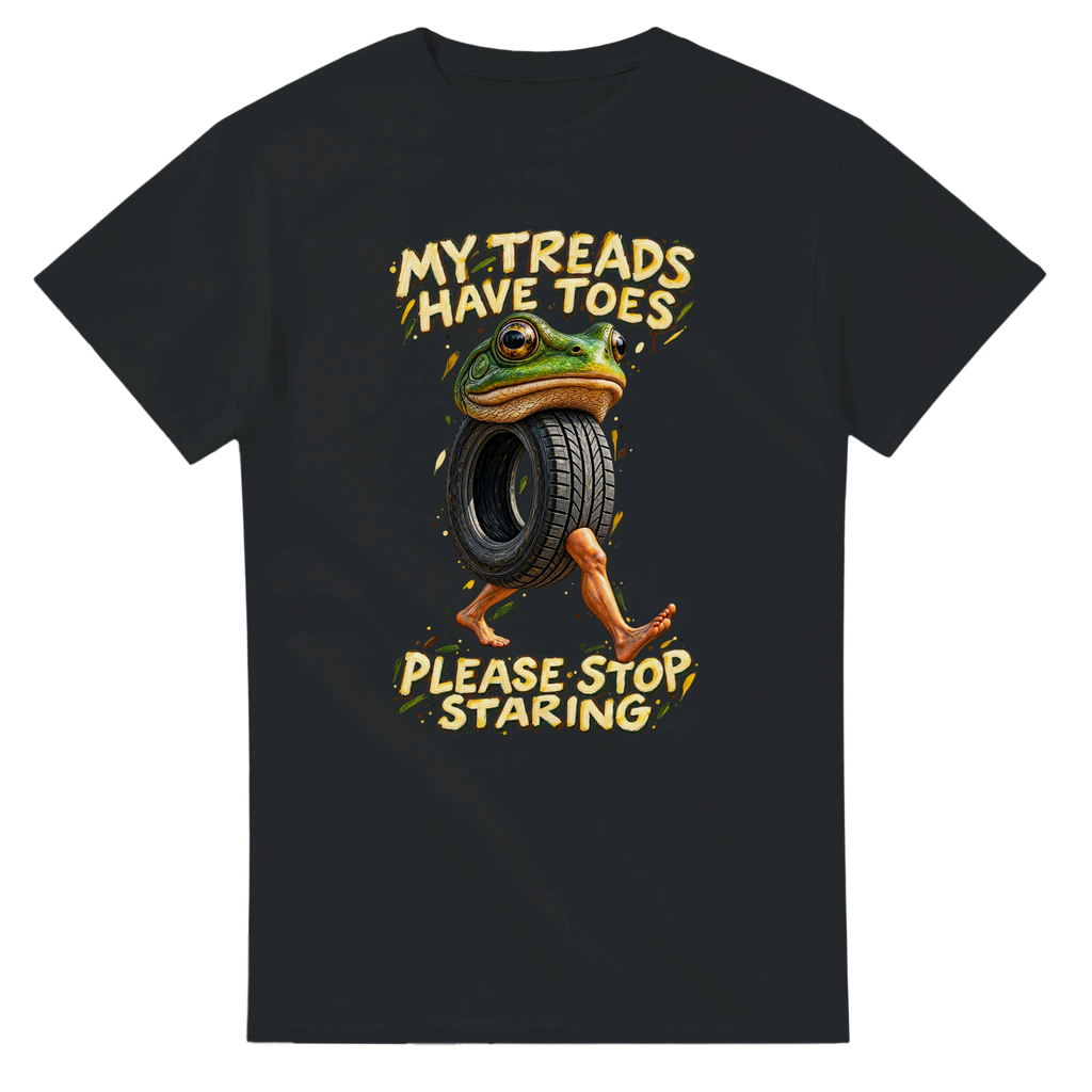Black t-shirt printed with Boneca Ambalabu and the words My treads have toes, please stop staring, front view