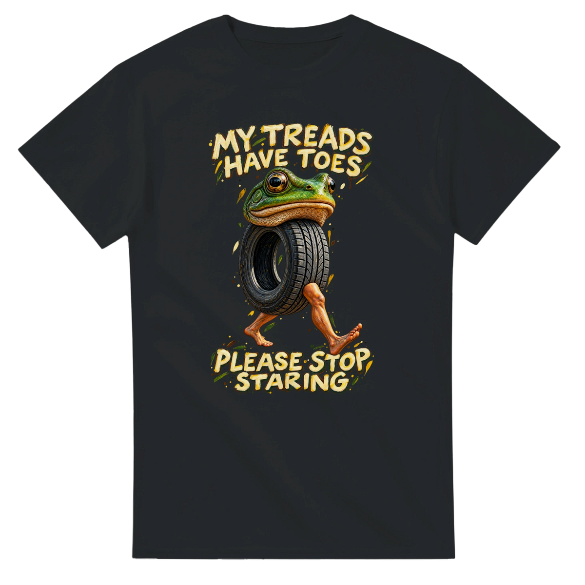 Black t-shirt printed with Boneca Ambalabu and the words My treads have toes, please stop staring, front view