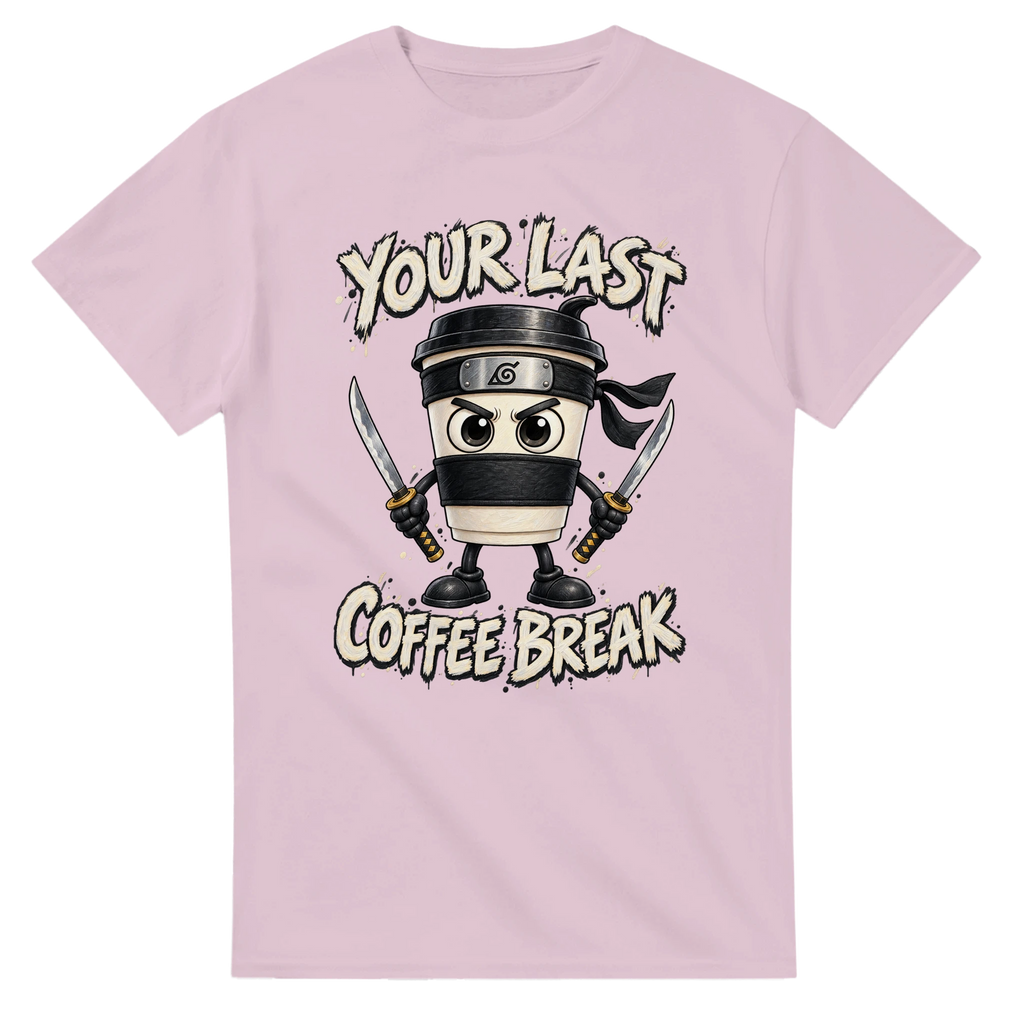 Light Pink t-shirt printed with Cappuccino Assassino and the words Your last coffee break, front view