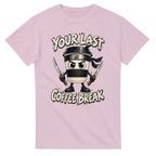 Light Pink t-shirt printed with Cappuccino Assassino and the words Your last coffee break, front view