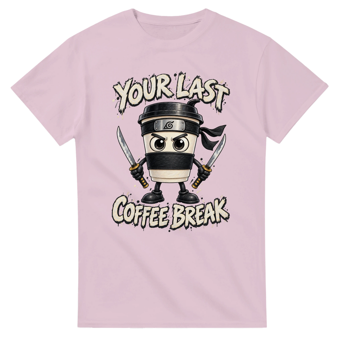 Light Pink t-shirt printed with Cappuccino Assassino and the words Your last coffee break, front view