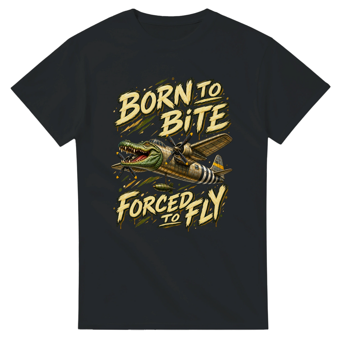 Black t-shirt printed with Bombardino Crocodilo and the words Born to bite, forced to fly, front view