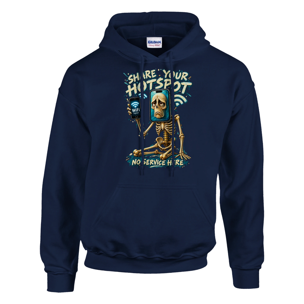 Pot Hotspot print on a navy pullover hoodie, front view