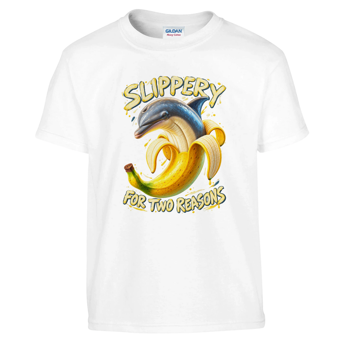 Bananita Dolphinita print on a white kids t-shirt, front view