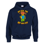 Noobini Pizzanini print on a navy pullover hoodie, front view