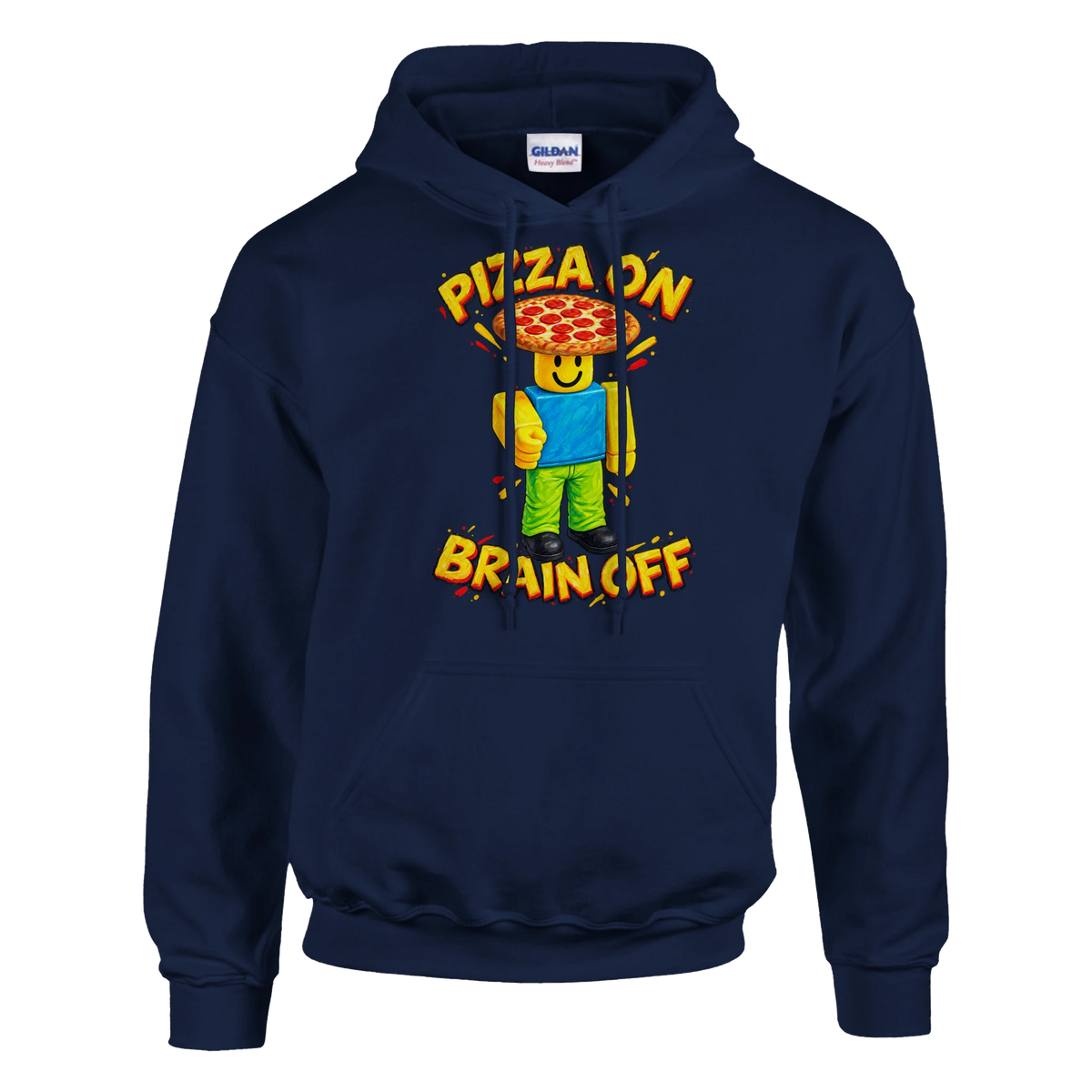 Noobini Pizzanini print on a navy pullover hoodie, front view