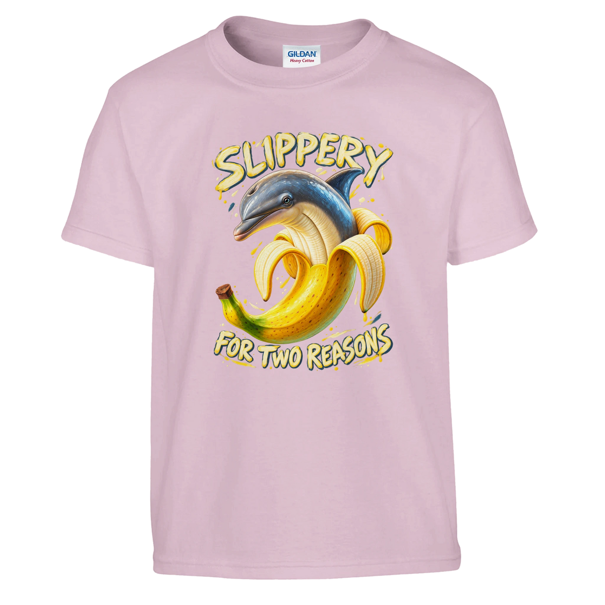 Bananita Dolphinita print on a light pink kids t-shirt, front view