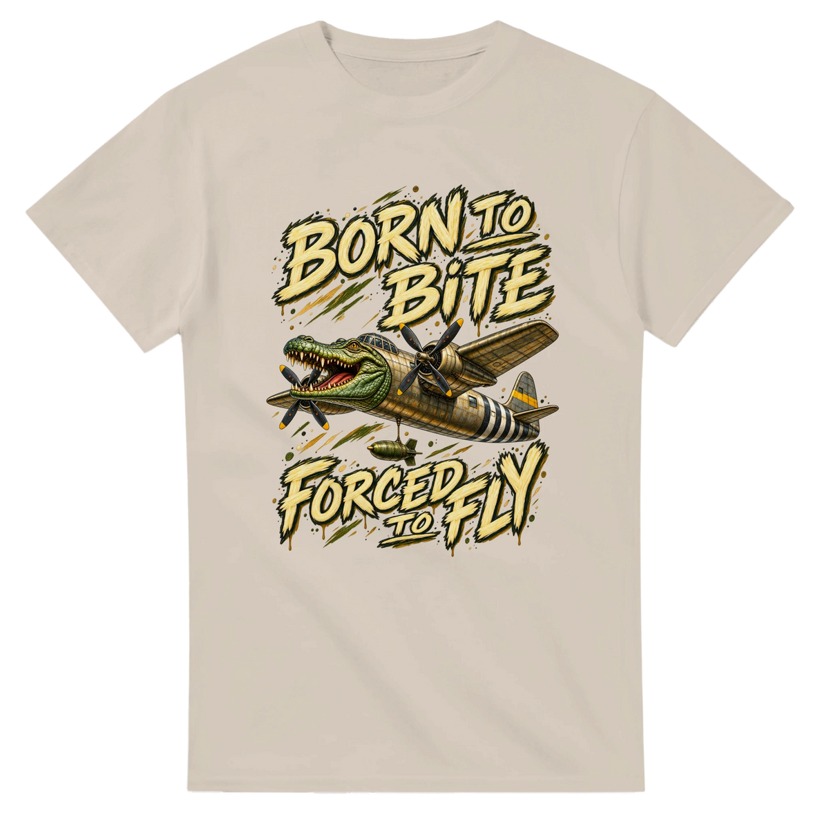 Sand t-shirt printed with Bombardino Crocodilo and the words Born to bite, forced to fly, front view