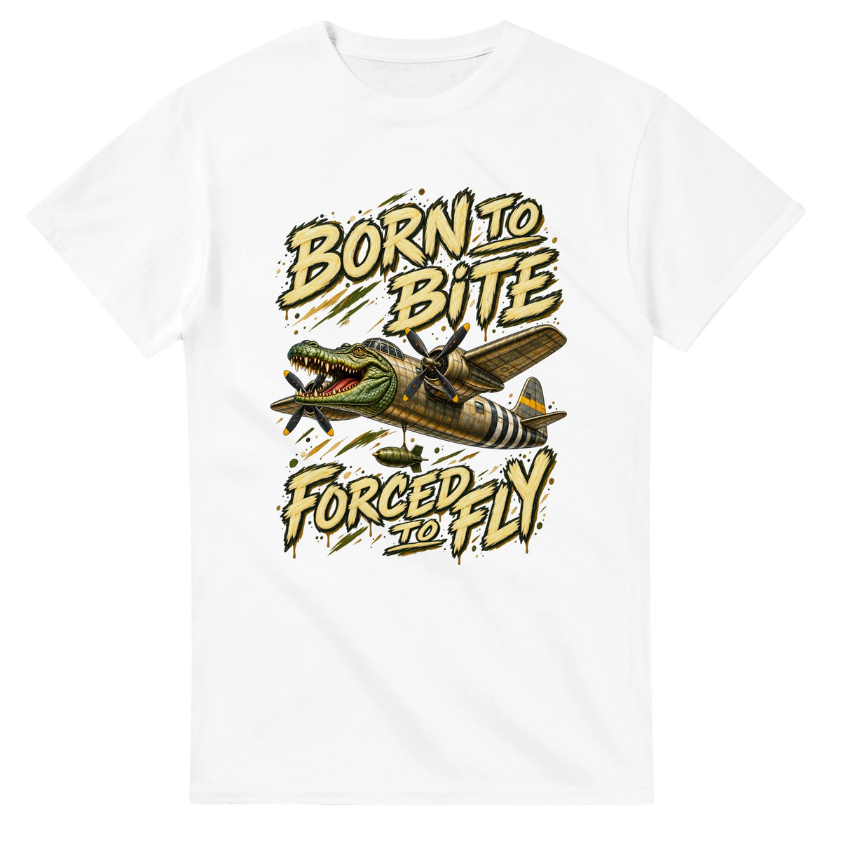 White t-shirt printed with Bombardino Crocodilo and the words Born to bite, forced to fly, front view