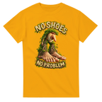 Gold t-shirt printed with Brr Brr Patapim and the words No shoes, no problem, front view