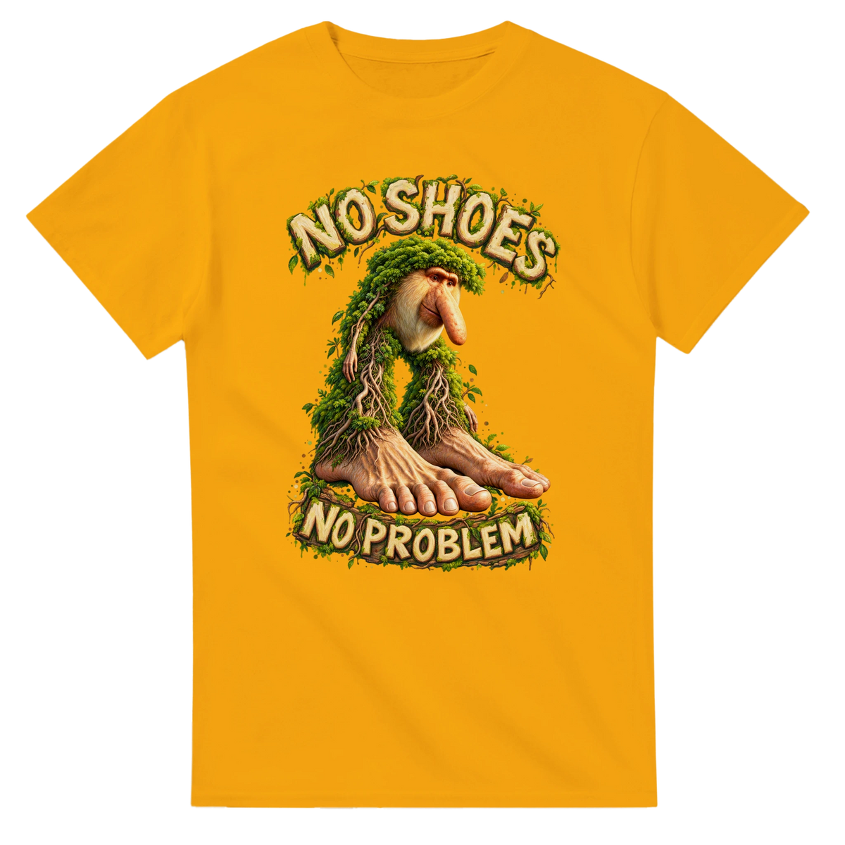Gold t-shirt printed with Brr Brr Patapim and the words No shoes, no problem, front view