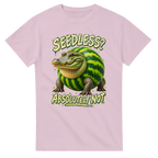 Light Pink t-shirt printed with Glorbo Fruttodrillo and the words Seedless? Absolutely not, front view