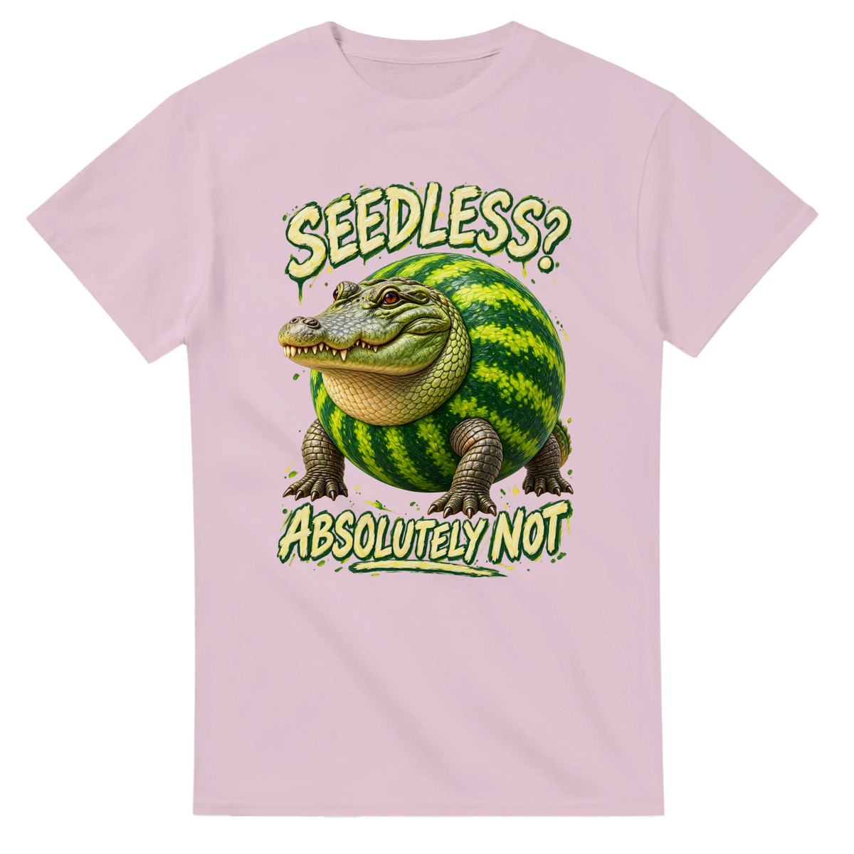 Light Pink t-shirt printed with Glorbo Fruttodrillo and the words Seedless? Absolutely not, front view