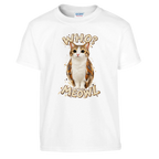 Meowl print on a white kids t-shirt, front view