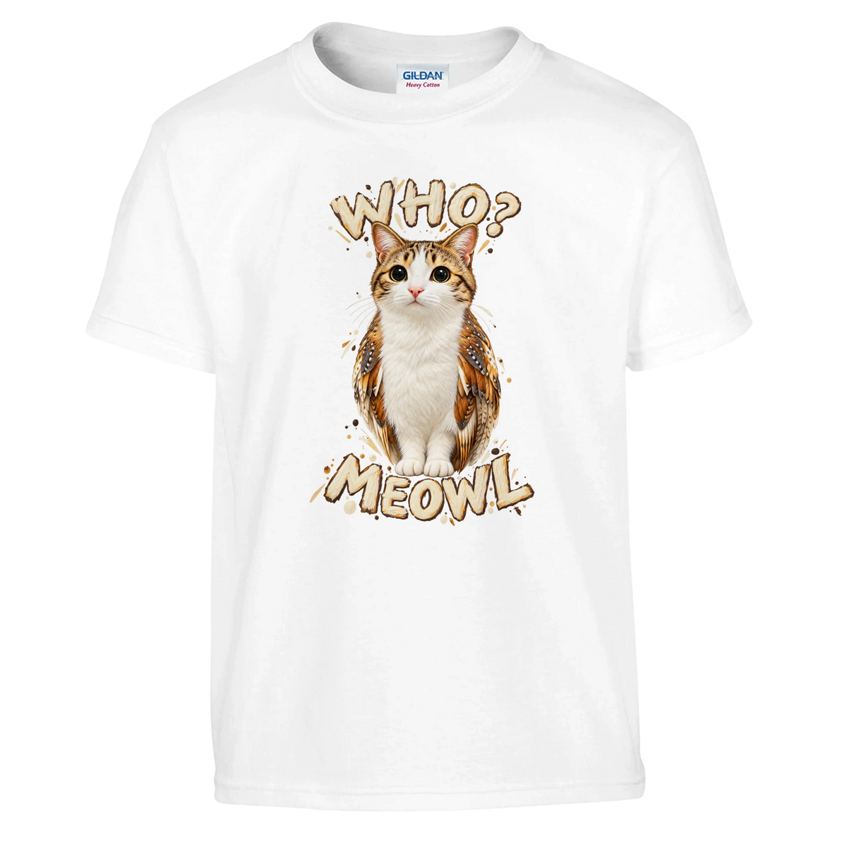 Meowl print on a white kids t-shirt, front view