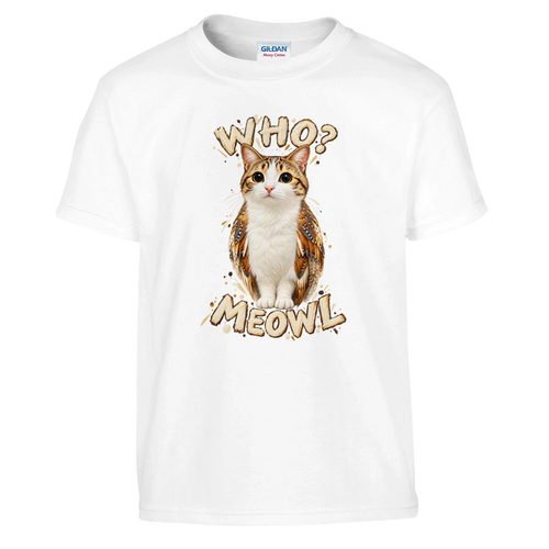 Meowl print on a white kids t-shirt, front view