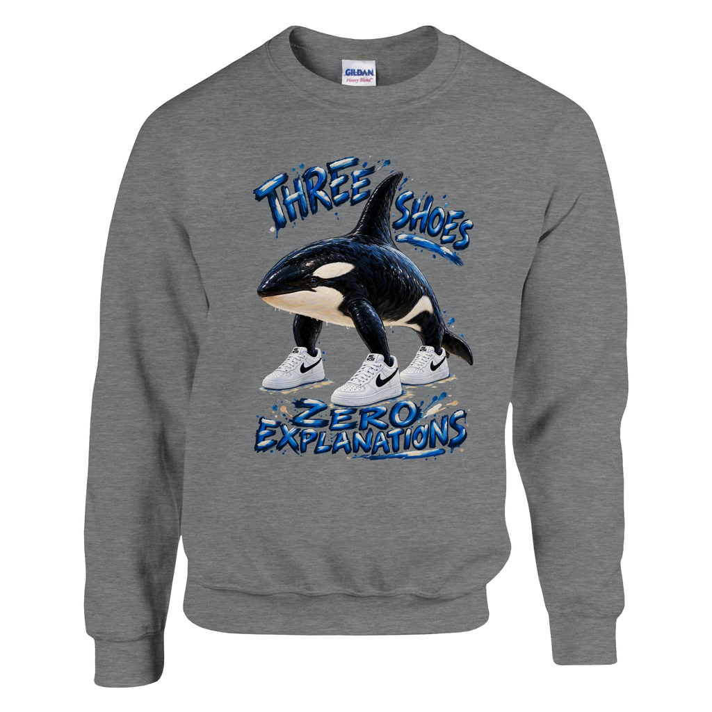 Orcalero Orcala print on a sport grey crewneck sweatshirt, front view