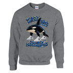 Orcalero Orcala print on a sport grey crewneck sweatshirt, front view