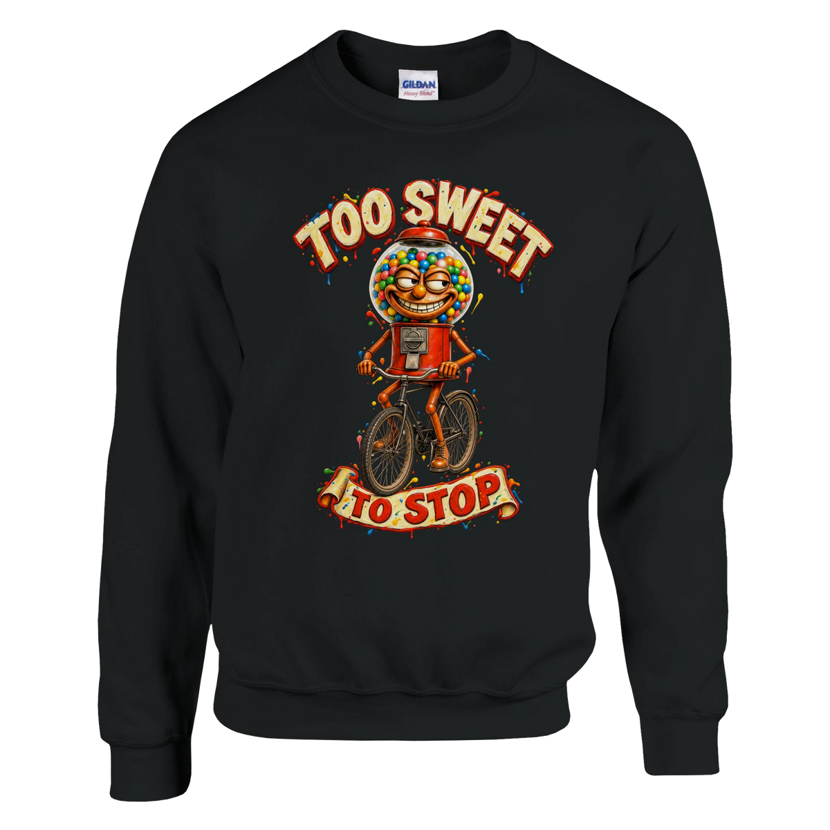 Chicleteira Bicicleteira print on a black crewneck sweatshirt, front view