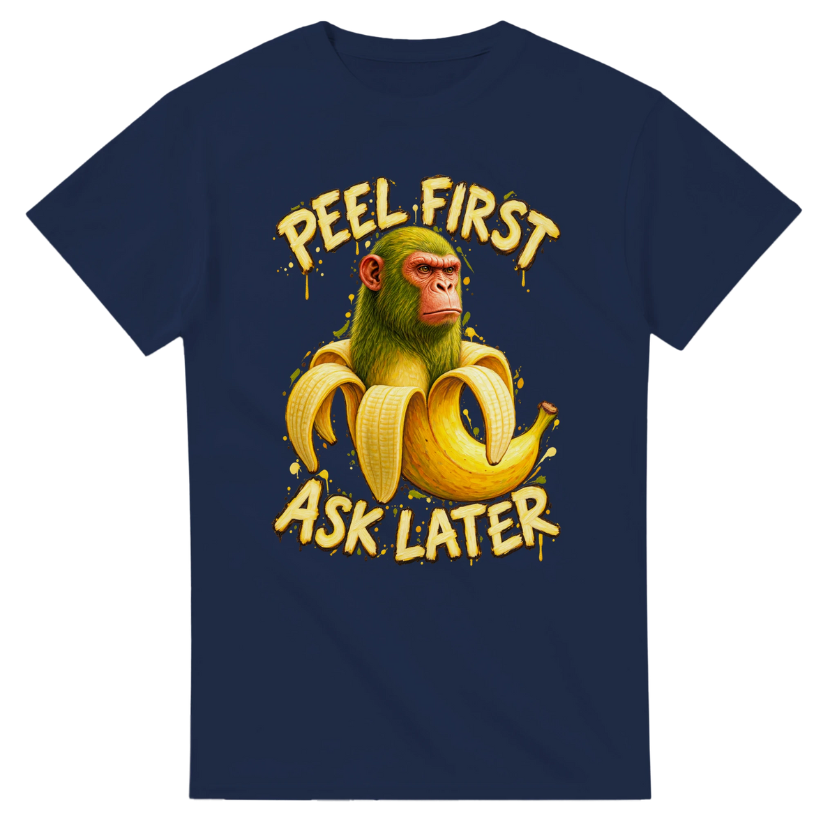 Navy t-shirt printed with Chimpanzini Bananini and the words Peel first, ask later, front view