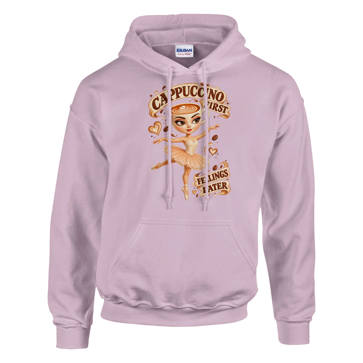 Ballerina Cappuccina print on a light pink pullover hoodie, front view