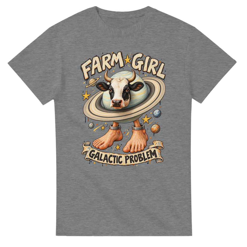 Sport Grey t-shirt printed with La Vaca Saturno Saturnita and the words Farm girl, galactic problem, front view