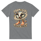 Sport Grey t-shirt printed with La Vaca Saturno Saturnita and the words Farm girl, galactic problem, front view