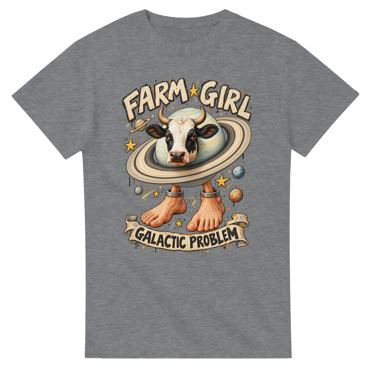 Sport Grey t-shirt printed with La Vaca Saturno Saturnita and the words Farm girl, galactic problem, front view