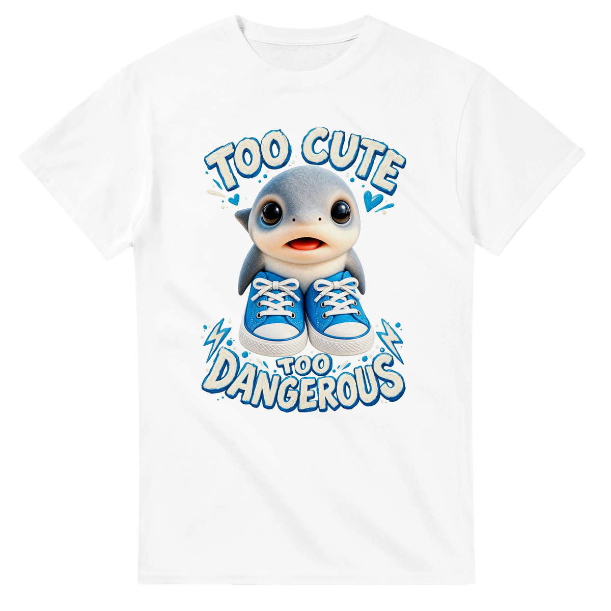 White t-shirt printed with Los Tralaleritos and the words Too cute, too dangerous, front view