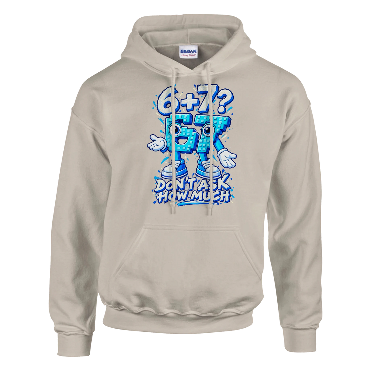 67 print on a sand pullover hoodie, front view
