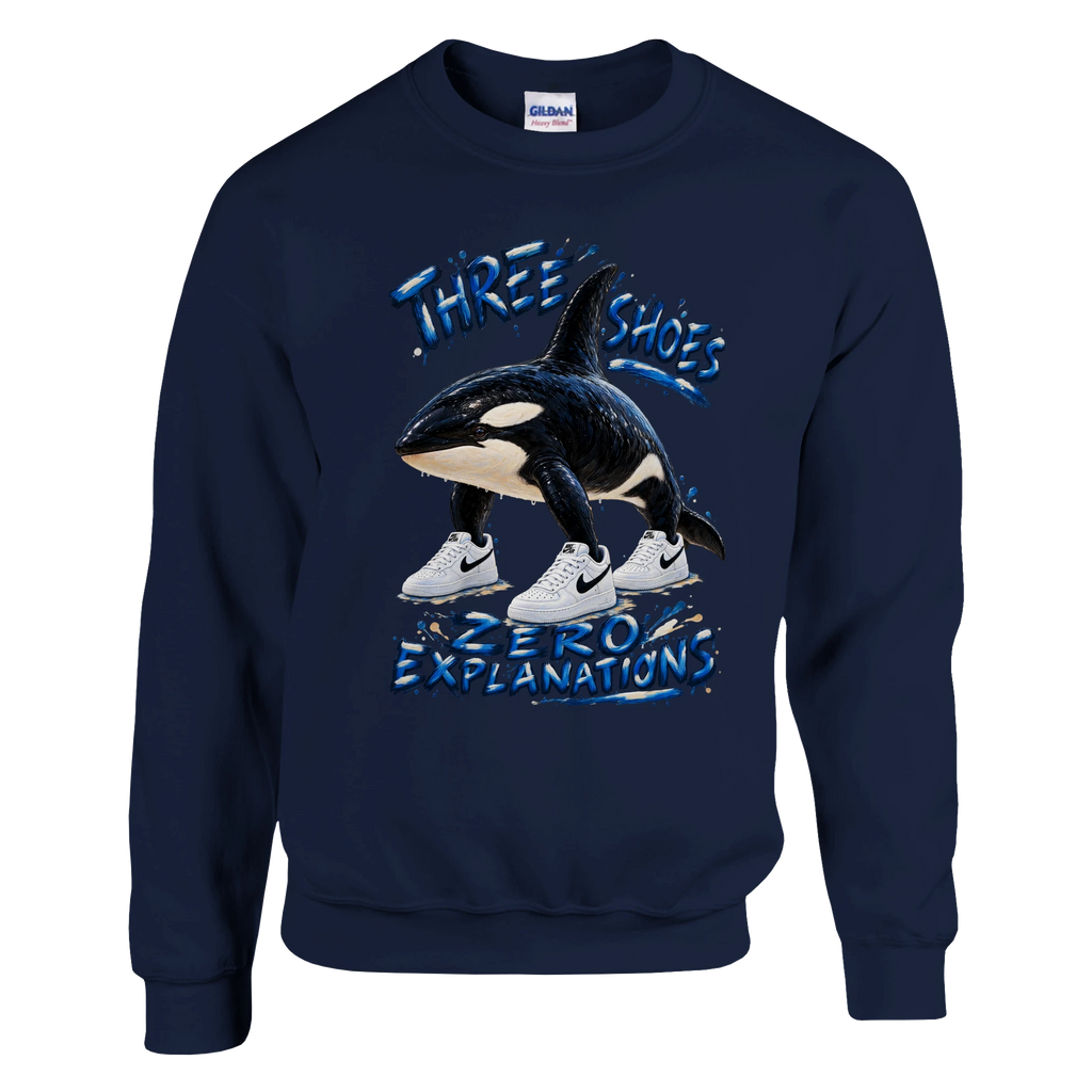 Orcalero Orcala print on a navy crewneck sweatshirt, front view