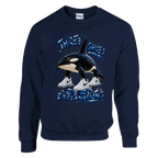 Orcalero Orcala print on a navy crewneck sweatshirt, front view