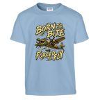 Bombardino Crocodilo print on a light blue kids t-shirt, front view