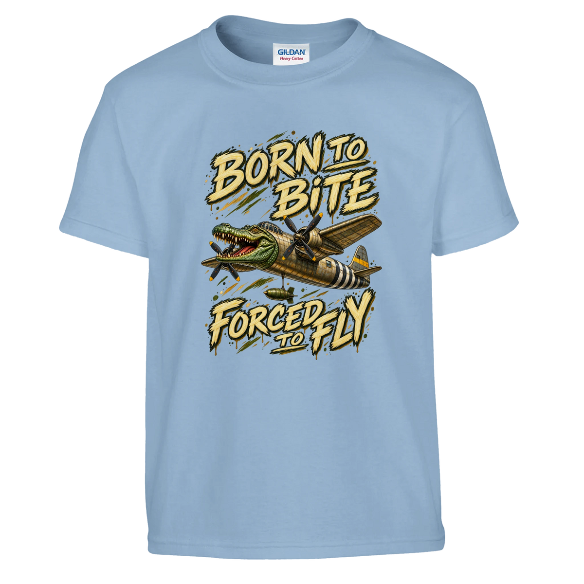 Bombardino Crocodilo print on a light blue kids t-shirt, front view