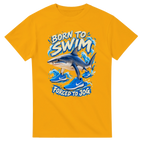 Gold t-shirt printed with Tralalero Tralala and the words Born to swim, forced to jog, front view