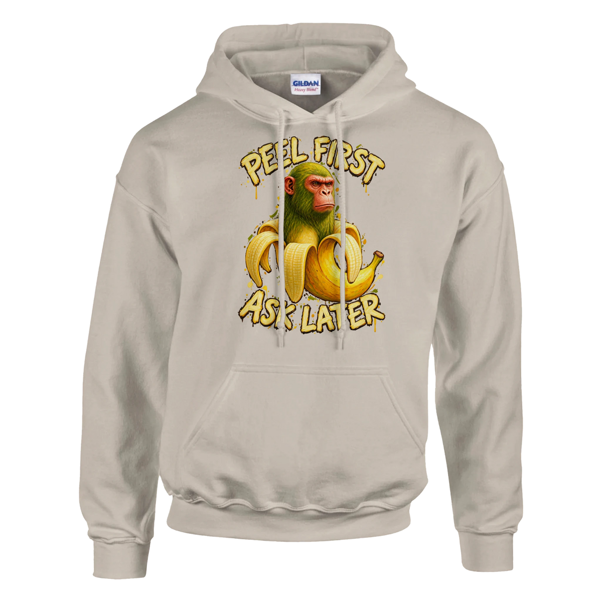 Chimpanzini Bananini print on a sand pullover hoodie, front view