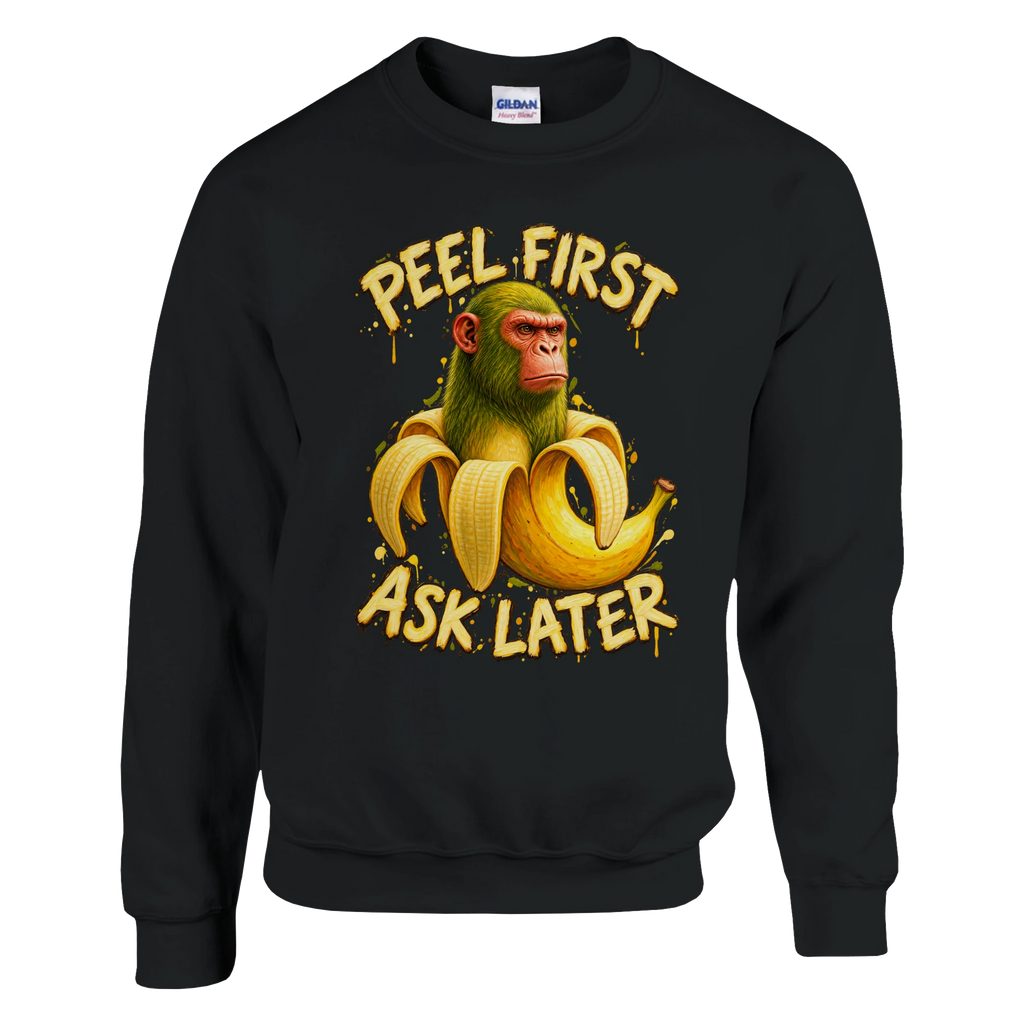 Chimpanzini Bananini print on a black crewneck sweatshirt, front view