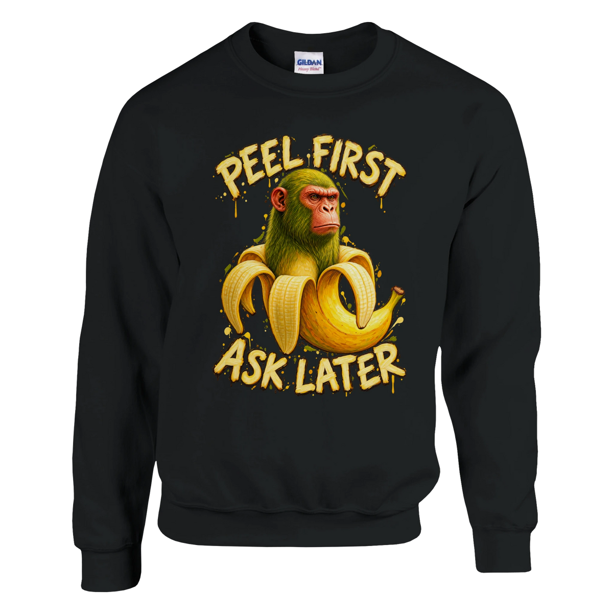 Chimpanzini Bananini print on a black crewneck sweatshirt, front view