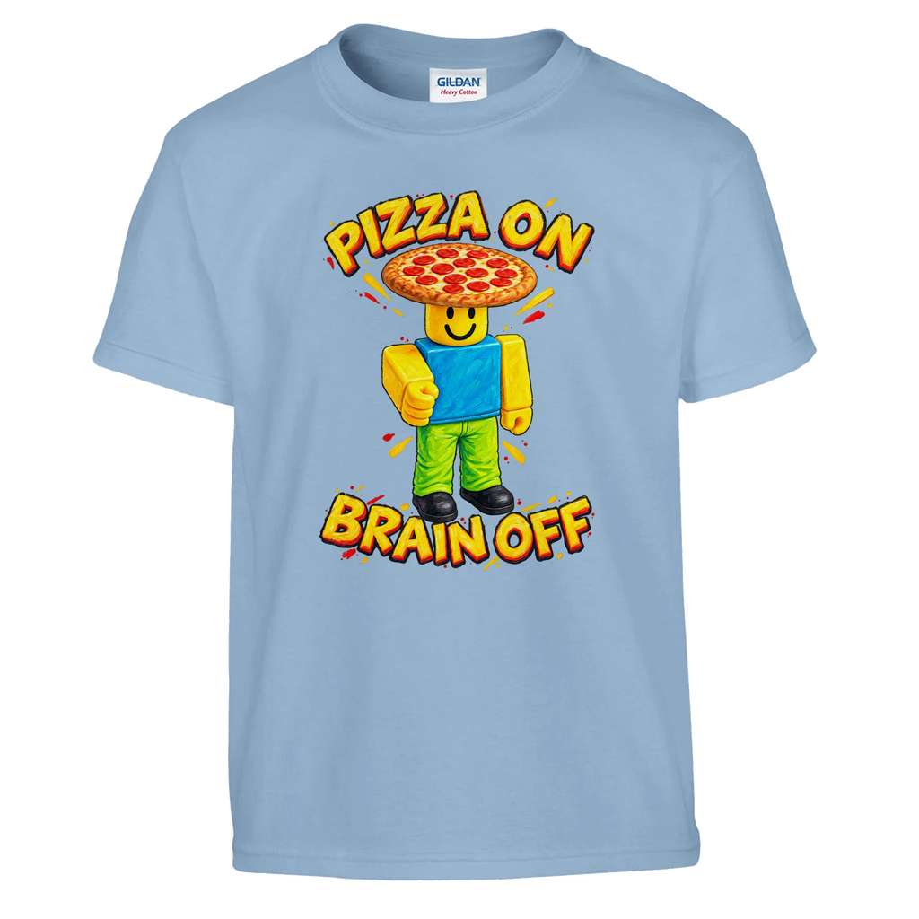 Noobini Pizzanini print on a light blue kids t-shirt, front view