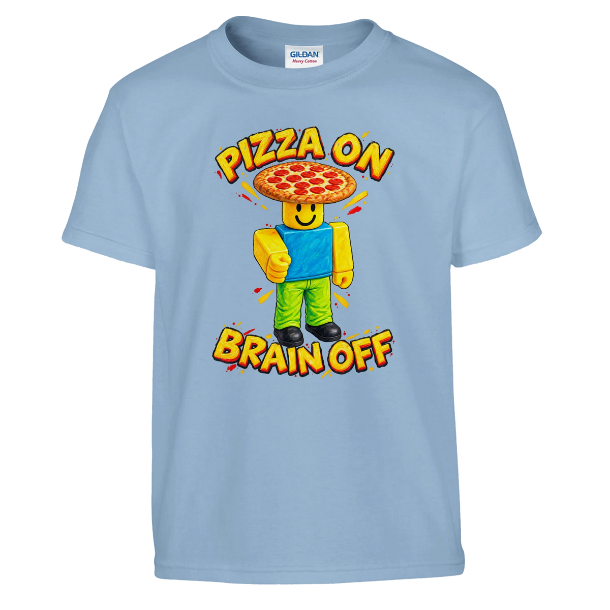 Noobini Pizzanini print on a light blue kids t-shirt, front view